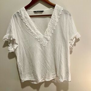 ZARA - Lace trim ruffle sleeve top. Size XS